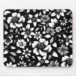 Zwart Witte Moderne Bloem Bladeren Waaierend Print Muismat