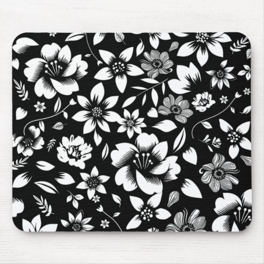 Zwart Witte Moderne Bloem Bladeren Waaierend Print Muismat (Voorkant)