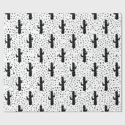 Zwart-witte moderne cactus en driehoekige geo cadeaupapier (Vlak)
