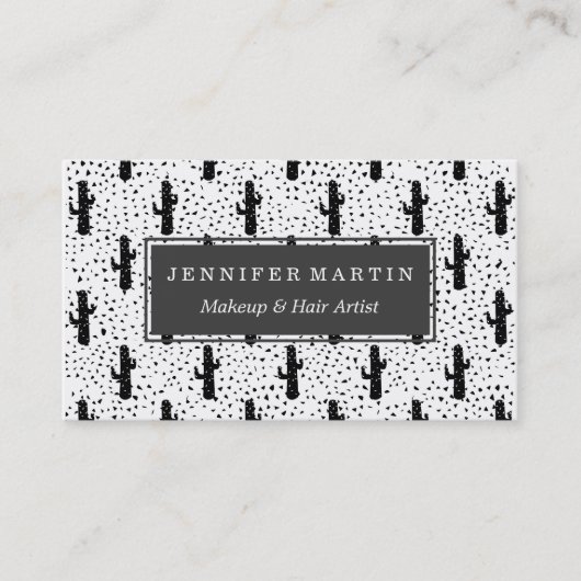 Zwart-witte moderne cactus en driehoekige geo visitekaartje (Voorkant)