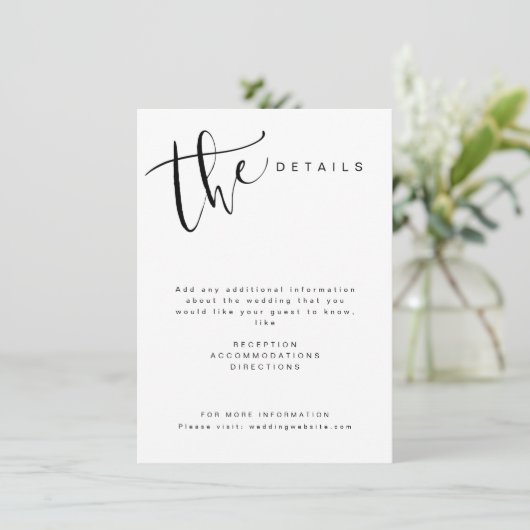 Zwart Witte Moderne Eenvoudige Script Bruiloft det Informatiekaartje (Staand voorkant)