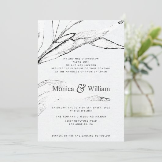 Zwart-witte, moderne grafische bladbruiloft kaart (Staand voorkant)