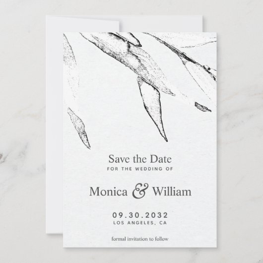 Zwart-witte, moderne grafische bladbruiloft save the date (Voorkant)