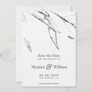 Zwart-witte, moderne grafische bladbruiloft save the date