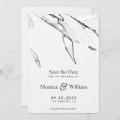 Zwart-witte, moderne grafische bladbruiloft save the date (Voorkant / Achterkant)