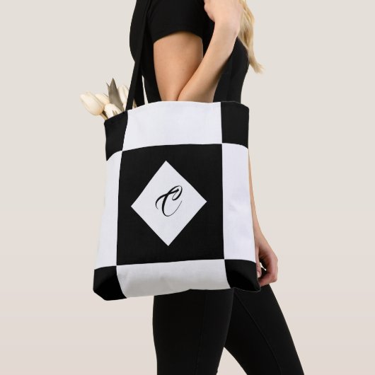 Zwart-witte moderne monogram Gecontroleerde Canvas Tote Bag (Dichtbij)