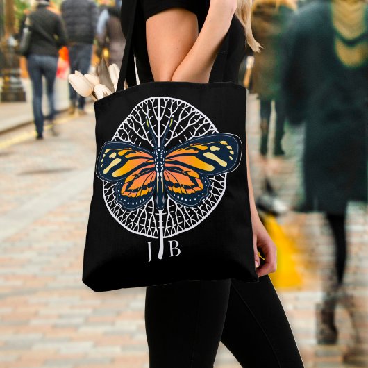 Zwart-witte moderne monogram vlinder tote bag