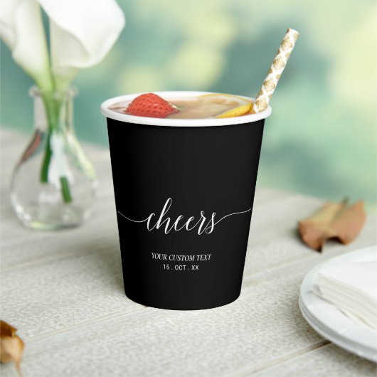 Zwart & Witte Moderne Script Lettering Proost Fees Papieren Bekers (Insitu)