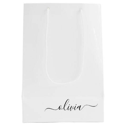 Zwart Witte Moderne Script Meisjes Monogram Naam Medium Cadeauzakje (Achterkant)