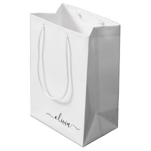 Zwart Witte Moderne Script Meisjesachtig Monogram Medium Cadeauzakje