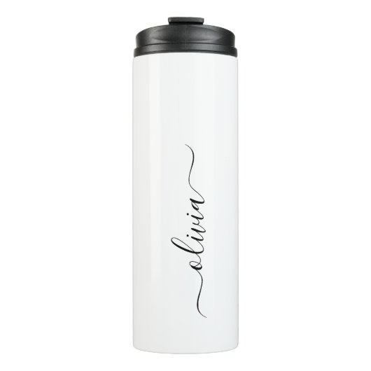 Zwart Witte Moderne Script Meisjesachtig Monogram  Thermosbeker (Voorkant)