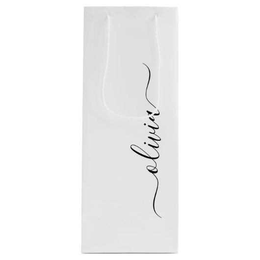 Zwart Witte Moderne Script Meisjesachtig Monogram Wijn Cadeautas (Voorkant)