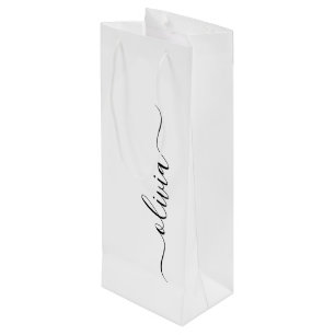 Zwart Witte Moderne Script Meisjesachtige Monogram Wijn Cadeautas