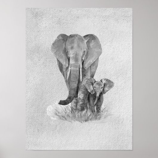 Zwart & Witte Moeder & Baby Olifant   Poster (Voorkant)