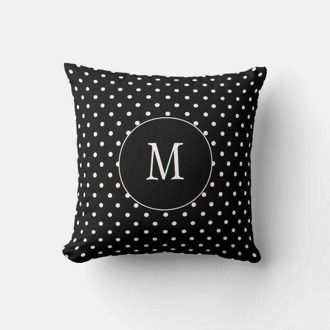 Zwart-witte monogram Polka Dots Kussen (Voorkant)