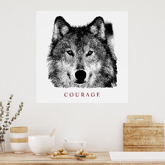 Zwart-witte Motivatie moed Wolf Poster (Keuken)
