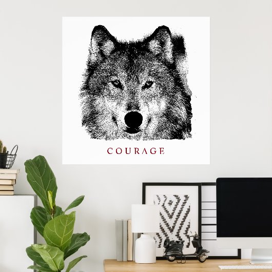 Zwart-witte Motivatie moed Wolf Poster (Thuiskantoor)