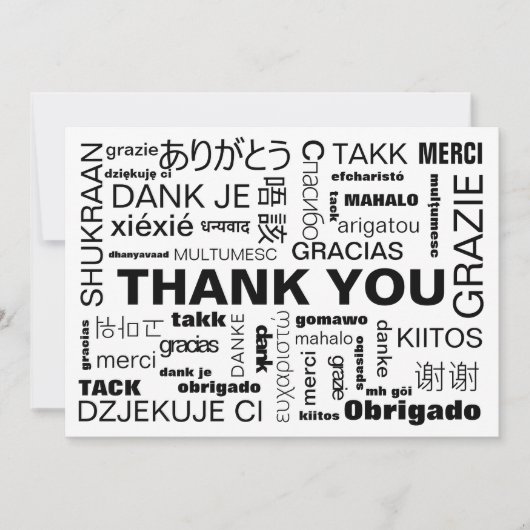 Zwart Witte Multilinguale Typografie Plat Bedankkaart (Voorkant)
