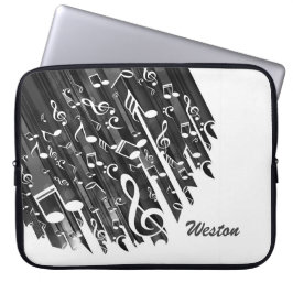 Zwart-witte Muzieknoten en aangepast monogram Laptop Sleeve