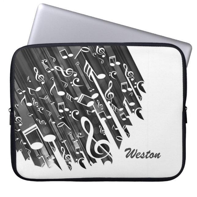 Zwart-witte Muzieknoten en aangepast monogram Laptop Sleeve (Voorkant)