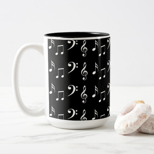Zwart-witte muzieknoten tweekleurige koffiemok (Met donut)