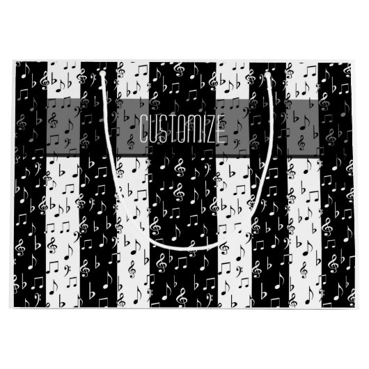 Zwart-witte muziekstrips met grote cadeautas (Voorkant)