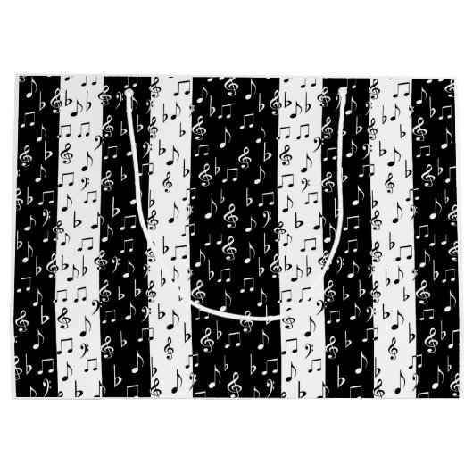 Zwart-witte muziekstrips met grote cadeautas (Achterkant)