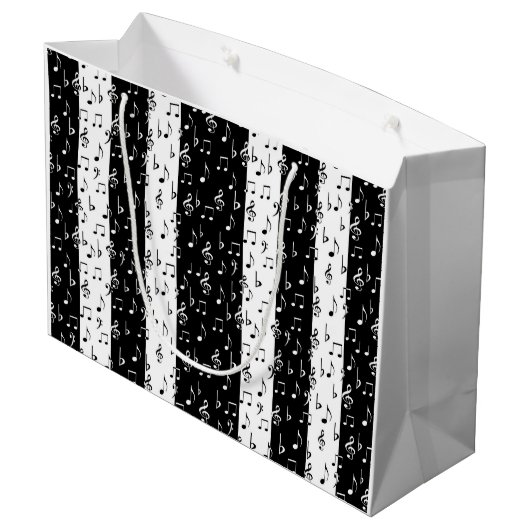 Zwart-witte muziekstrips met grote cadeautas (Achterkant Gekanteld)