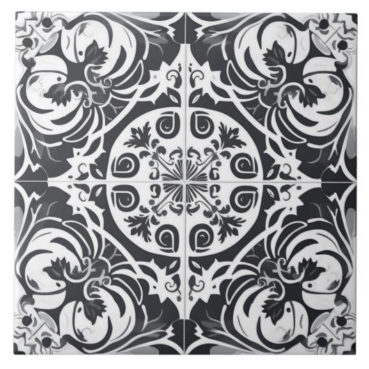 Zwart-witte, naadloze Portugese keramische Tegel Tegeltje (Voorkant)