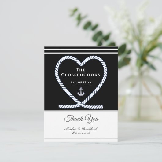 Zwart-witte neuskabel Heart Anchor Weddenschap Bedankkaart (Staand voorkant)