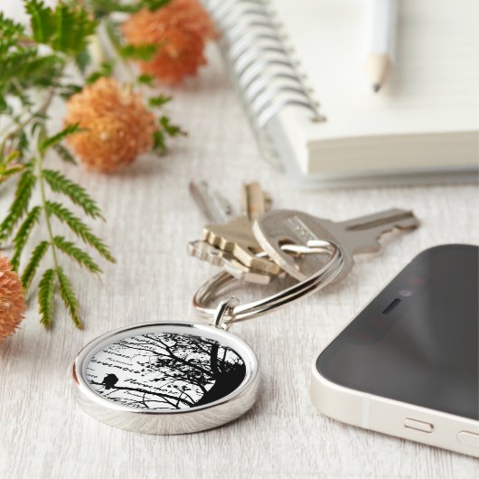 Zwart-witte nevermore Raven Silhouette Tree Sleutelhanger (Zijkant)