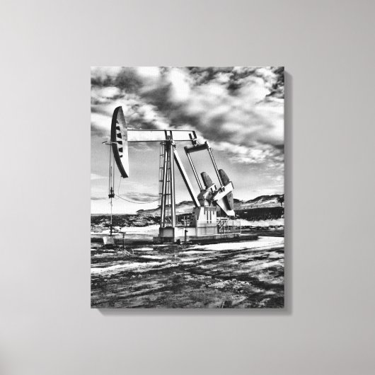 Zwart-witte oliebron pompen (Pumpjack) Unit Canvas Afdruk (Voorkant)