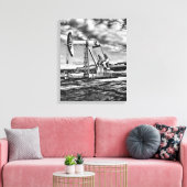 Zwart-witte oliebron pompen (Pumpjack) Unit Canvas Afdruk (Insitu (Woonkamer))