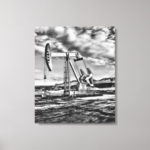 Zwart-witte oliebron pompen (Pumpjack) Unit Canvas Afdruk