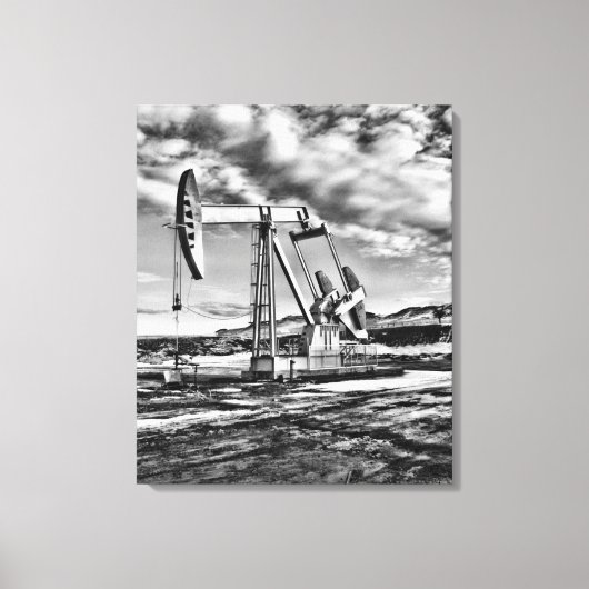 Zwart-witte oliebron pompen (Pumpjack) Unit Canvas Afdruk (Voorkant)