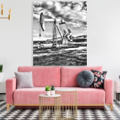 Zwart-witte oliebron pompen (Pumpjack) Unit Canvas Afdruk (Insitu (Woonkamer))