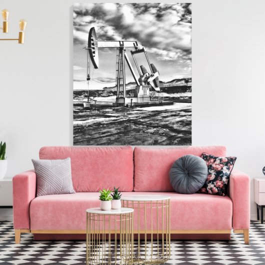 Zwart-witte oliebron pompen (Pumpjack) Unit Canvas Afdruk (Insitu (Woonkamer))
