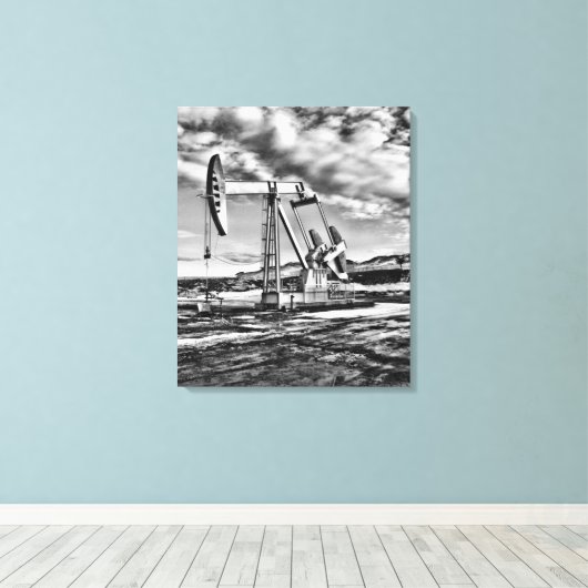 Zwart-witte oliebron pompen (Pumpjack) Unit Canvas Afdruk (Insitu (Houten vloer))