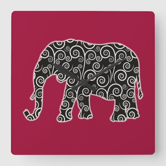 Zwart-witte olifant op rood vierkante klok (Voorkant)