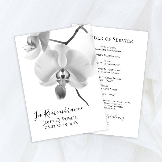 Zwart-witte orchideeën op stengel begrafenisdienst programmakaart