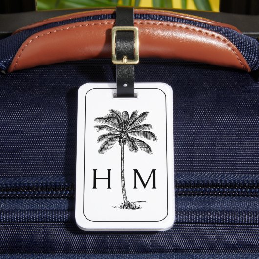 Zwart-witte palmboom Monogram Bagagelabel (Voorkant Insitu 2)