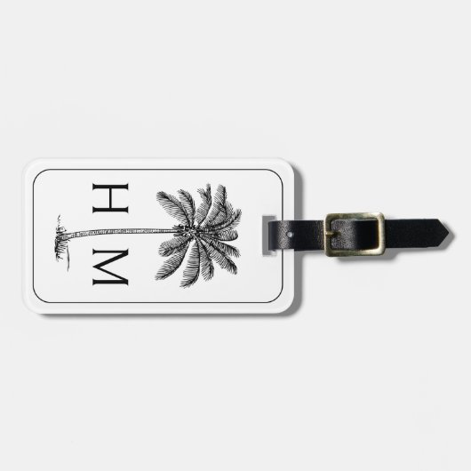 Zwart-witte palmboom Monogram Bagagelabel (Voorkant horizontaal)