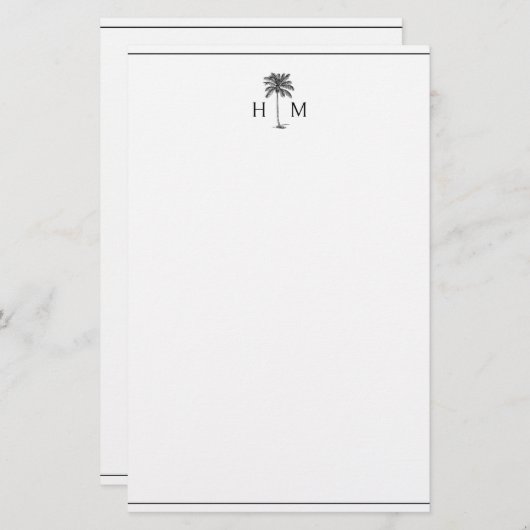 Zwart-witte palmboom Monogram Briefpapier (Voorkant / Achterkant)