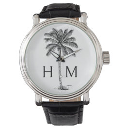 Zwart-witte palmboom Monogram Horloge
