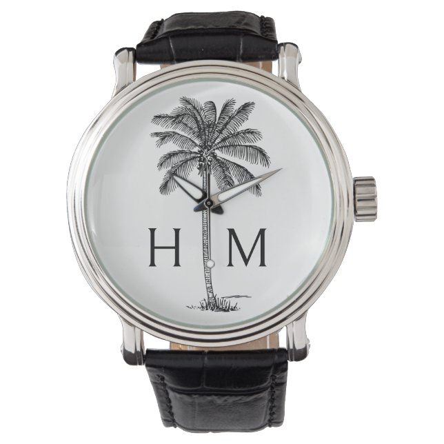 Zwart-witte palmboom Monogram Horloge (Voorkant)