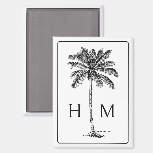 Zwart-witte palmboom Monogram Magneet (Voorkant / Achterkant)