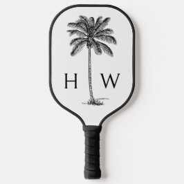 Zwart-witte palmboom Monogram Pickleball Paddle