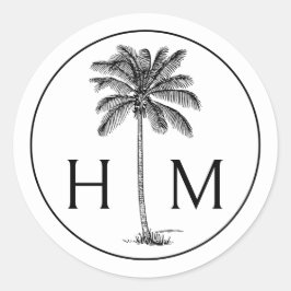 Zwart-witte palmboom Monogram Ronde Sticker
