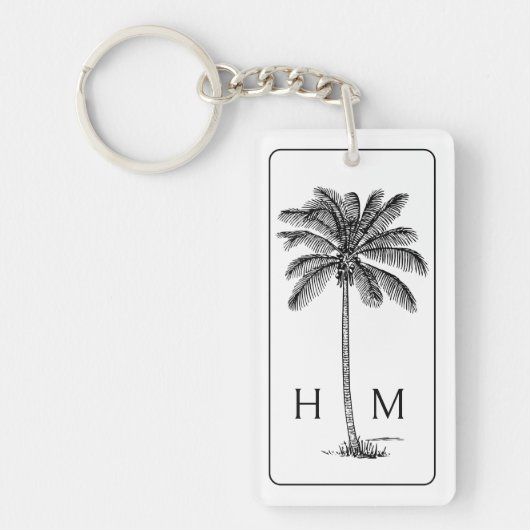Zwart-witte palmboom Monogram Sleutelhanger (Voorkant)