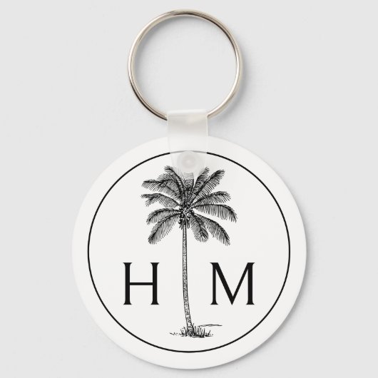 Zwart-witte palmboom Monogram Sleutelhanger (Voorkant)